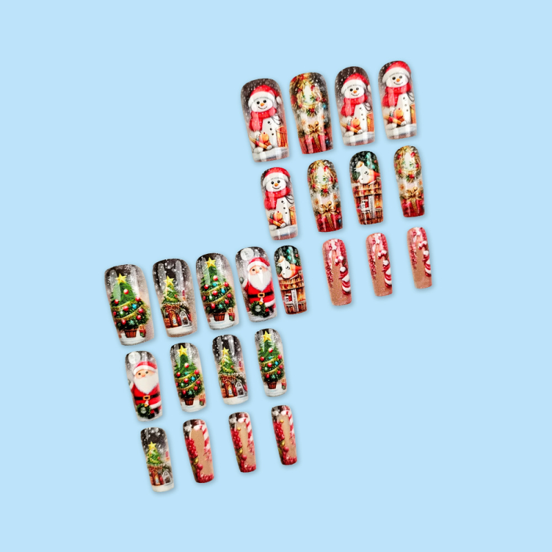 24pcs Cozy Christmas Wearable Finger Nails Set Embossed Nail Tips Snowman Wooden House Fake Nail Dropshipping