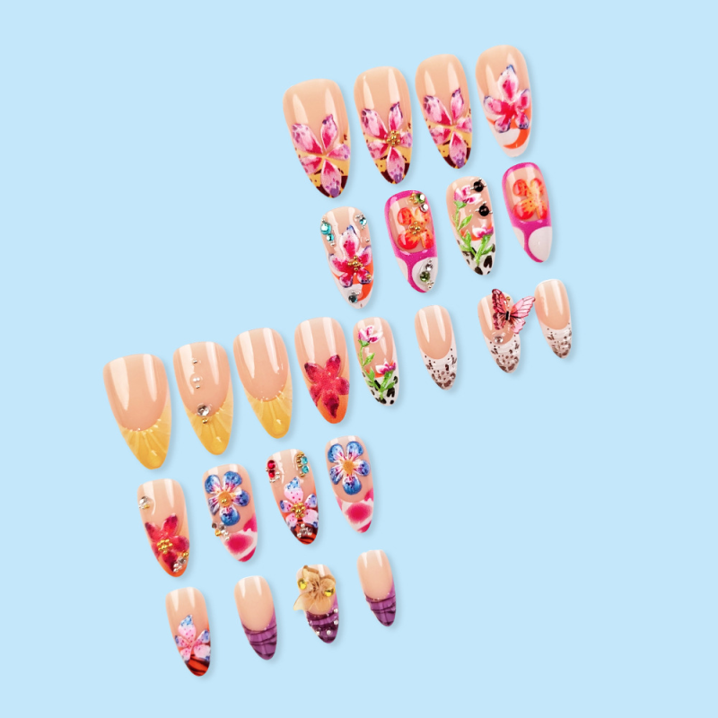 24pcs Almond French Nail Art Stickers Hot-Selling Embossed Diamond Flower Butterfly Design Dance Wearable Nails Tips Pieces