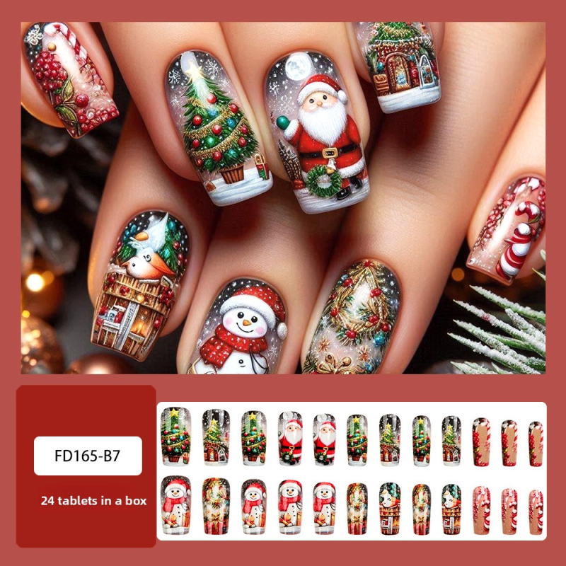 24pcs Cozy Christmas Wearable Finger Nails Set Embossed Nail Tips Snowman Wooden House Fake Nail Dropshipping