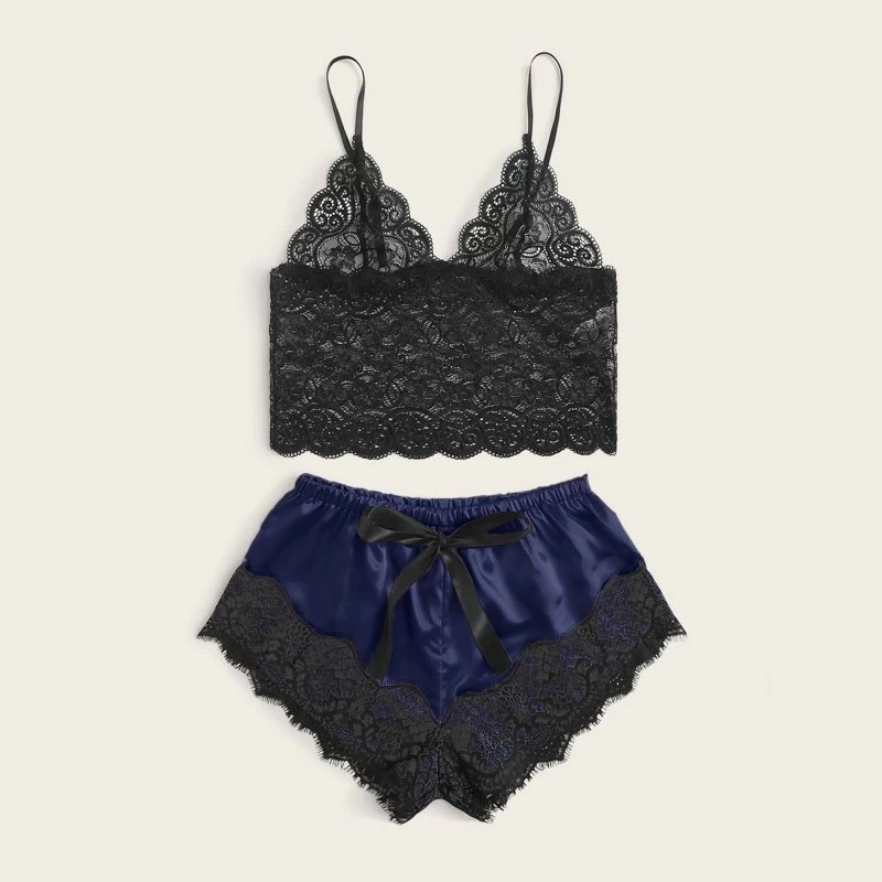 Wholesale Sexy Lace Sleepwear Set Short Breathable Satin Pajama Set 5colors Hollow Out Lace Night Wear Set Erotic Lingerie