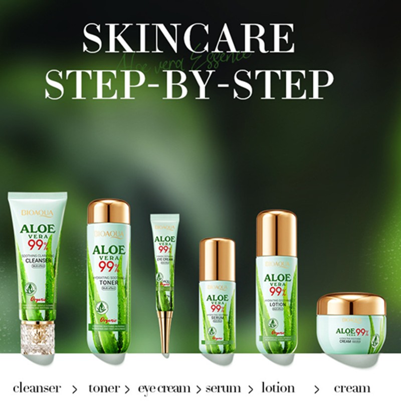BIOAOUA Aloe Vera Soothing Moisturizing Six Piece Set Hydrating Soothing Face Cream Cleanser Toner Serum Eye Cream Kit