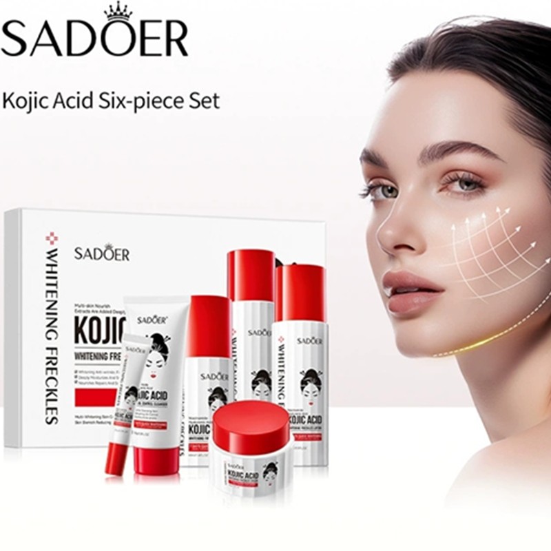 Sadoer Kojic Acid Skin Care Set Brightening Dark Circles Fading Face Cleanser Toner Lotion Serum Cream Freckles Six Piece Set