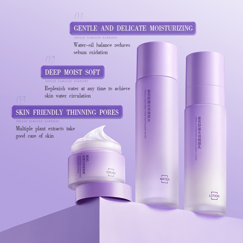 OEM Face Care Set 3 Pieces Soothing Hydrating Revitalizing Perilla Calms Moisturizes Skin Soothing Natural Skincare Trio Kit