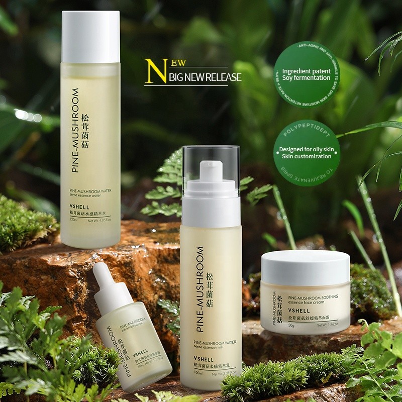 OEM Vegan Herbal Soothing Hydration 4-Piece Starter Kit Matsutake Mushroom Anti-Aging Skincare Set Cruelty-Free for Face