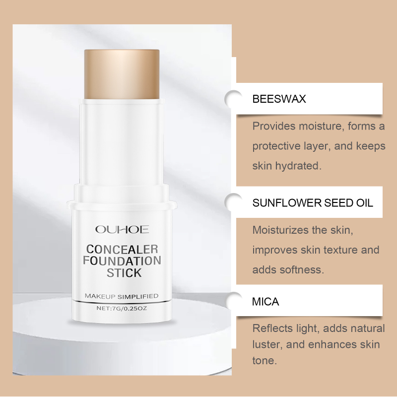 Ouhoe Whitening Foundation Stick Light Translucent Natural Color Concealer Portable Brightening Moisturizing Blemish Concealment
