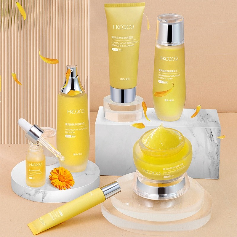 Wholesale 8-Piece Natural Herbal Skin Care Set Luxurious Calendula Face Cream Lotion Toner Serum Eye Cream Face Wash Boxed Kit