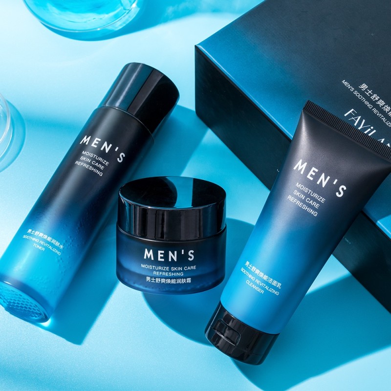 OEM Men's Skincare Essentials Vegan Ingredients 3-Piece Set Cleansing Gel Toner Moisturizing Cream for Rejuvenating Nourishment