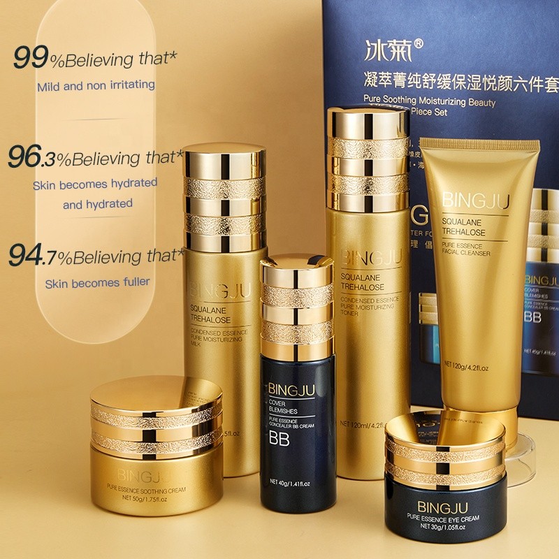 BINGJU 6-Piece Gold Skincare Set Cold Extracted Plant Herbal Essence for Face Soothing Moisturize Facial Skin Care