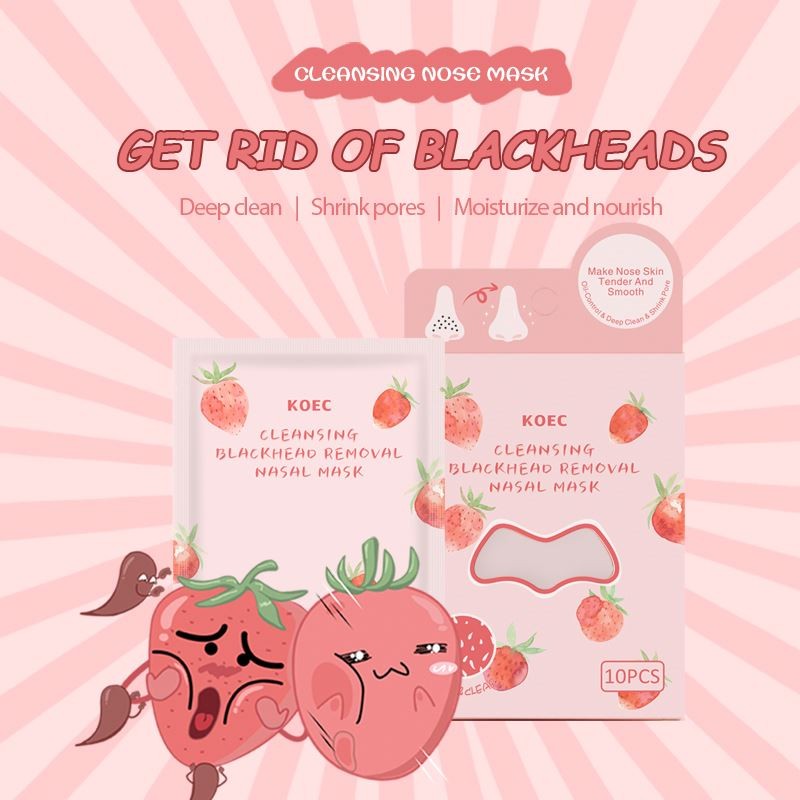 KOEC 10PCS Strawberry Fructic Acid Pore Cleansing Nose Strips Privated Label Blackhead Remover Nose Mask Main Glycerin