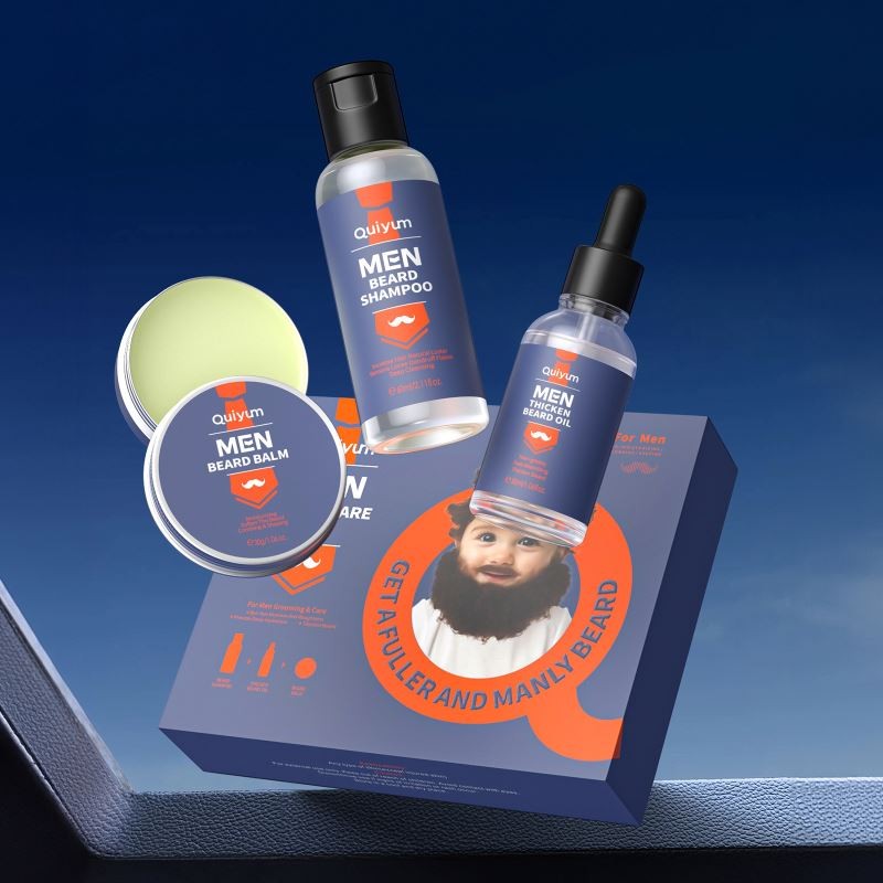 QUIYUM 3 Pieces Beard Wash Shampoo Growth Oil Care Balm Beard Kit Man