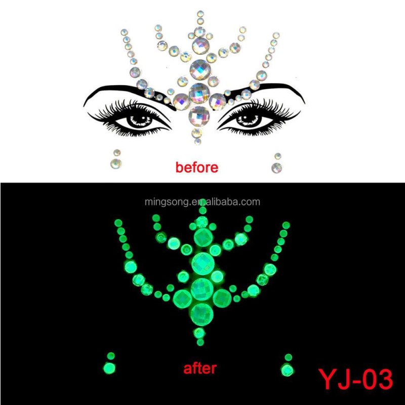 Hot Sales 15 Styles Glow in Dark Face Stickers Jewels Gem Luminous Face Chest Sticker Diamond Sticker