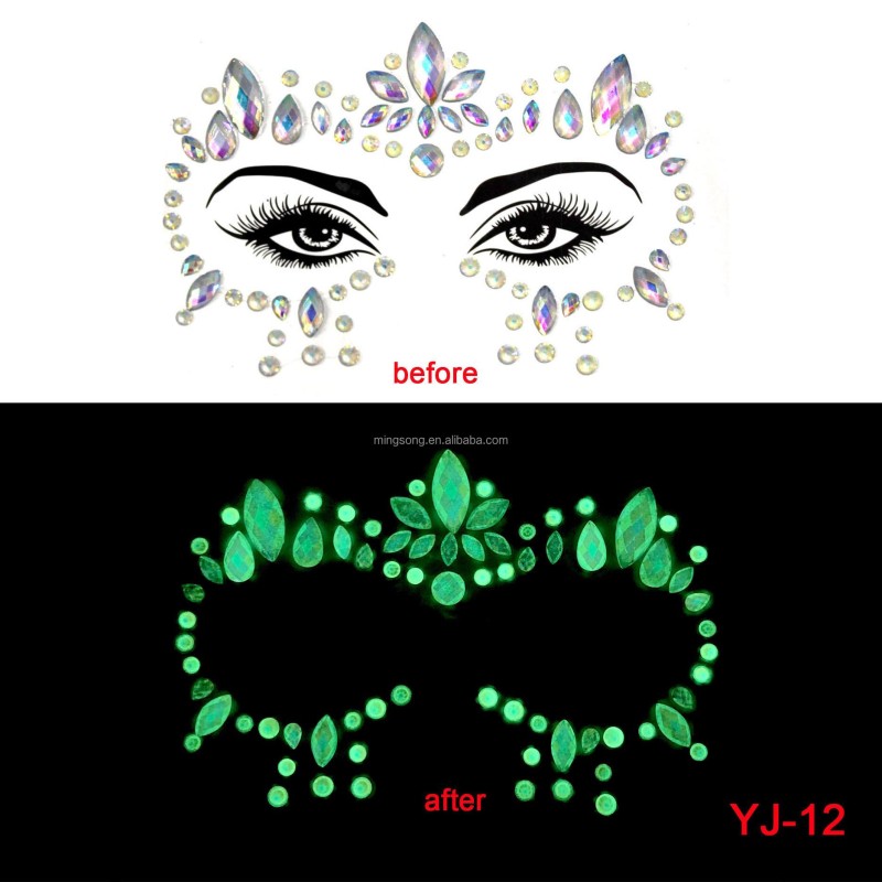 Hot Sales 15 Styles Glow in Dark Face Stickers Jewels Gem Luminous Face Chest Sticker Diamond Sticker