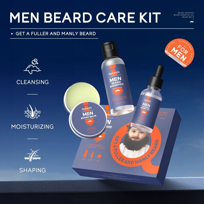 QUIYUM 3 Pieces Beard Wash Shampoo Growth Oil Care Balm Beard Kit Man