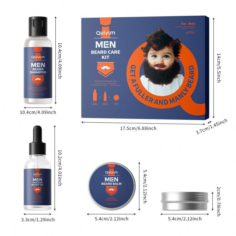 QUIYUM 3 Pieces Beard Wash Shampoo Growth Oil Care Balm Beard Kit Man
