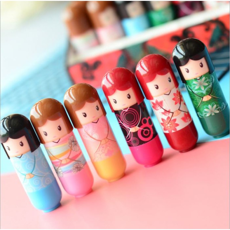 Hengfang 6-Color Cute Kimono Doll Lipstick Colorless Long-Lasting Moisturizing Lip Balm Waterproof Hydrating Lip Care for Men