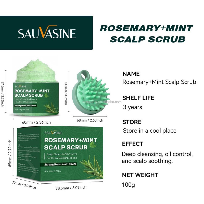 SAUVASINE Deep Cleansing Refreshing Oil Control Strengthen Hair Roots Natural Rosemary Mint Scalp Scrub Kit With Comb
