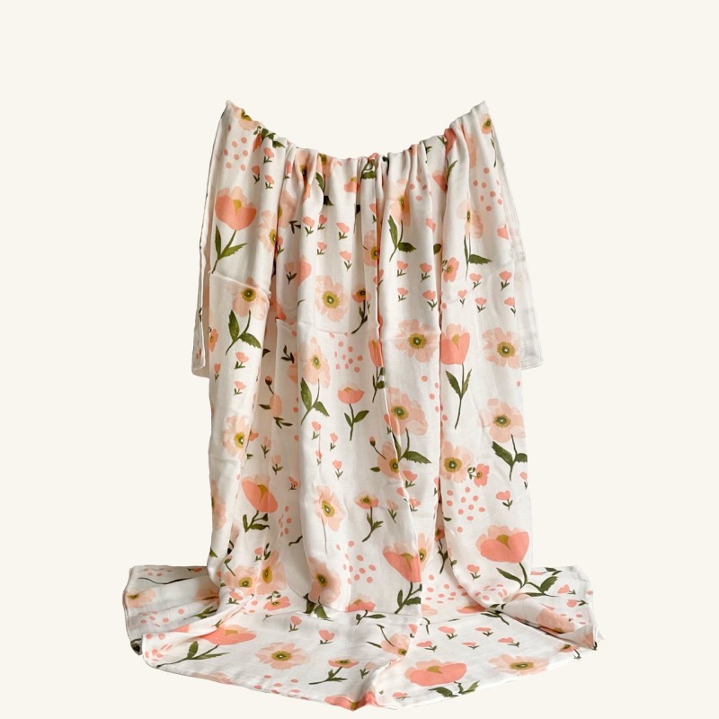 Soft 70%bamboo Fiber 30%cotton Pigment Print Orange Flower Design Super Breathable for Infant Muslin Swaddle