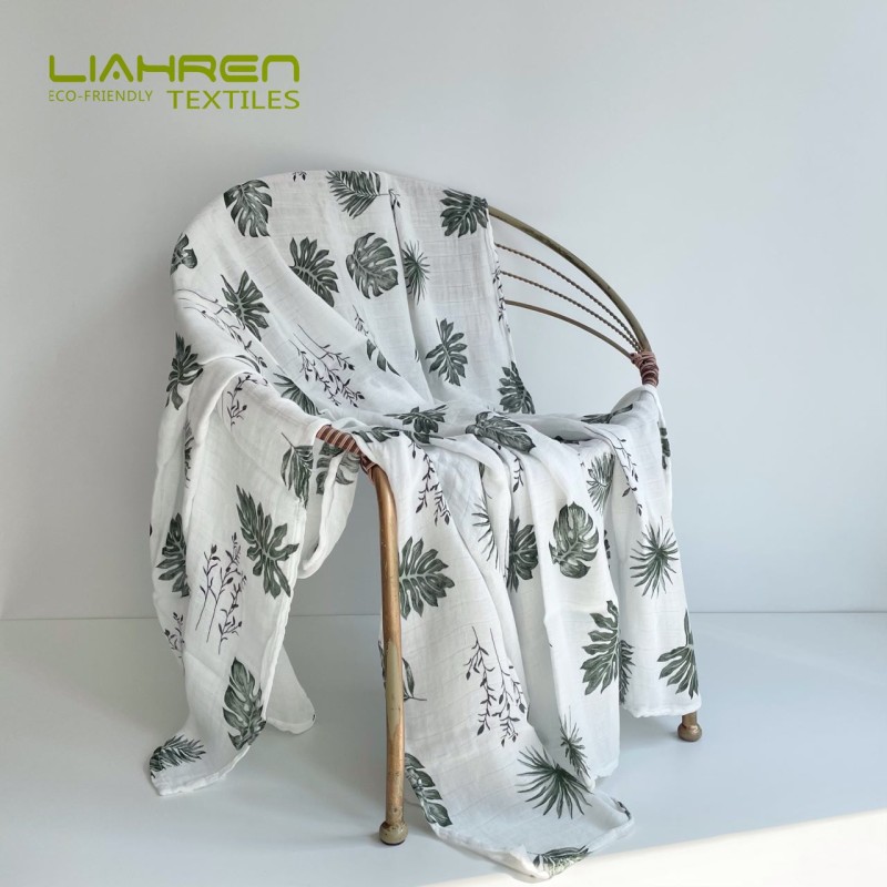 Hot selling 100%bamboo fiber pigment print leaves design super soft muslin swaddle for infant