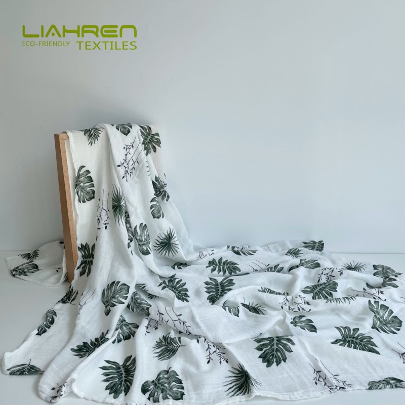 Hot selling 100%bamboo fiber pigment print leaves design super soft muslin swaddle for infant