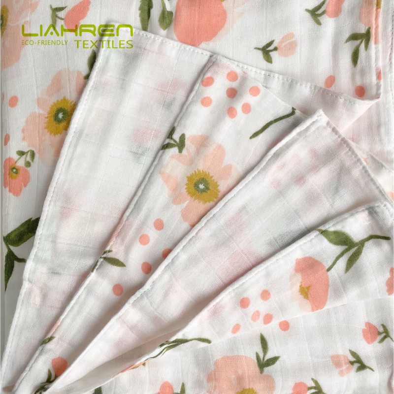 Soft 70%bamboo Fiber 30%cotton Pigment Print Orange Flower Design Super Breathable for Infant Muslin Swaddle