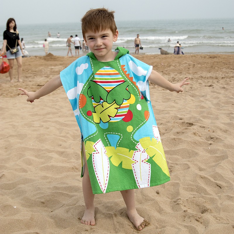 Customized Organic Cotton Hooded Beach Poncho Towel Robe for Kids Aged 2-10 Years Soft Bath Poncho with Printed Hood