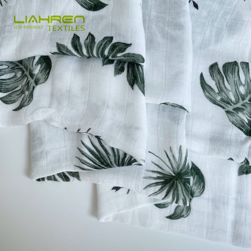 Hot selling 100%bamboo fiber pigment print leaves design super soft muslin swaddle for infant