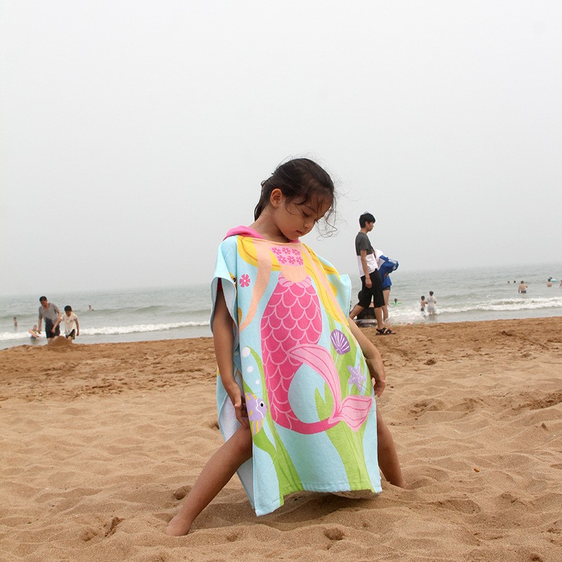 Customized Organic Cotton Hooded Beach Poncho Towel Robe for Kids Aged 2-10 Years Soft Bath Poncho with Printed Hood