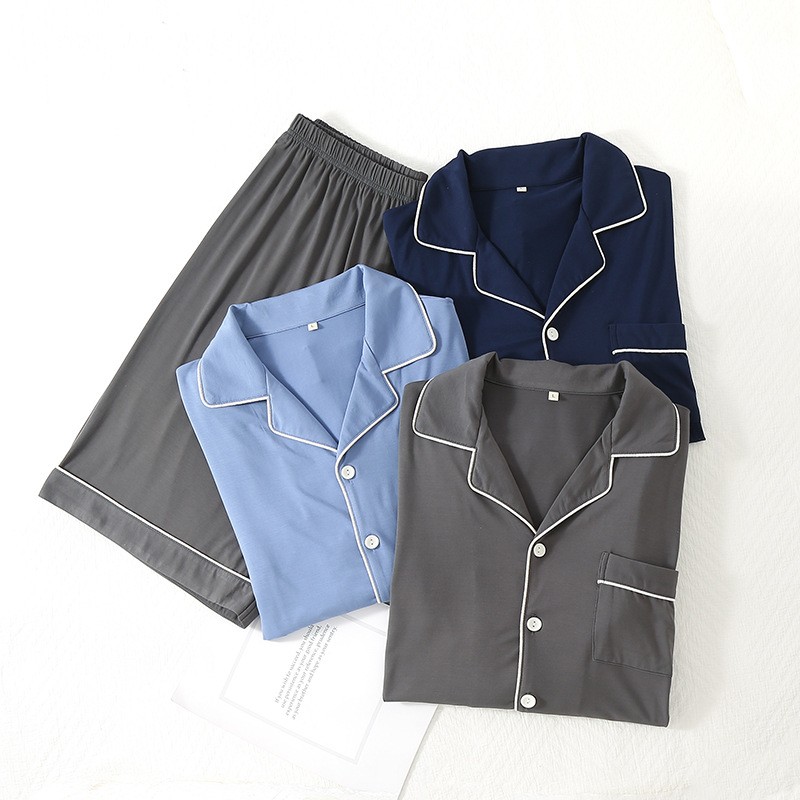 In Stock Simple Comfortable Men 93%Bamboo 7%Spandex Loungewear Sets Customize Men Short-Sleeve Pajama Set With Shorts