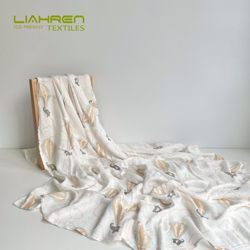 Best Sale 100%bamboo Fiber Pigment Print Elephant and Hot air Balloon Design Super Breathable Muslin Swaddle for Baby