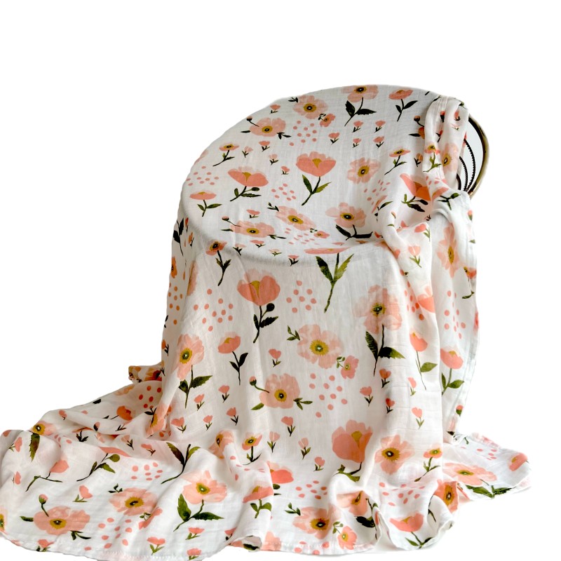 Soft 70%bamboo Fiber 30%cotton Pigment Print Orange Flower Design Super Breathable for Infant Muslin Swaddle