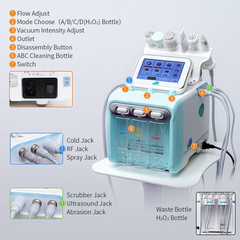 2025 Latest Best Seller 6/7/8  in 1 Aqua Peeling H202  Oxygen Facials Machine Wit Led Mask