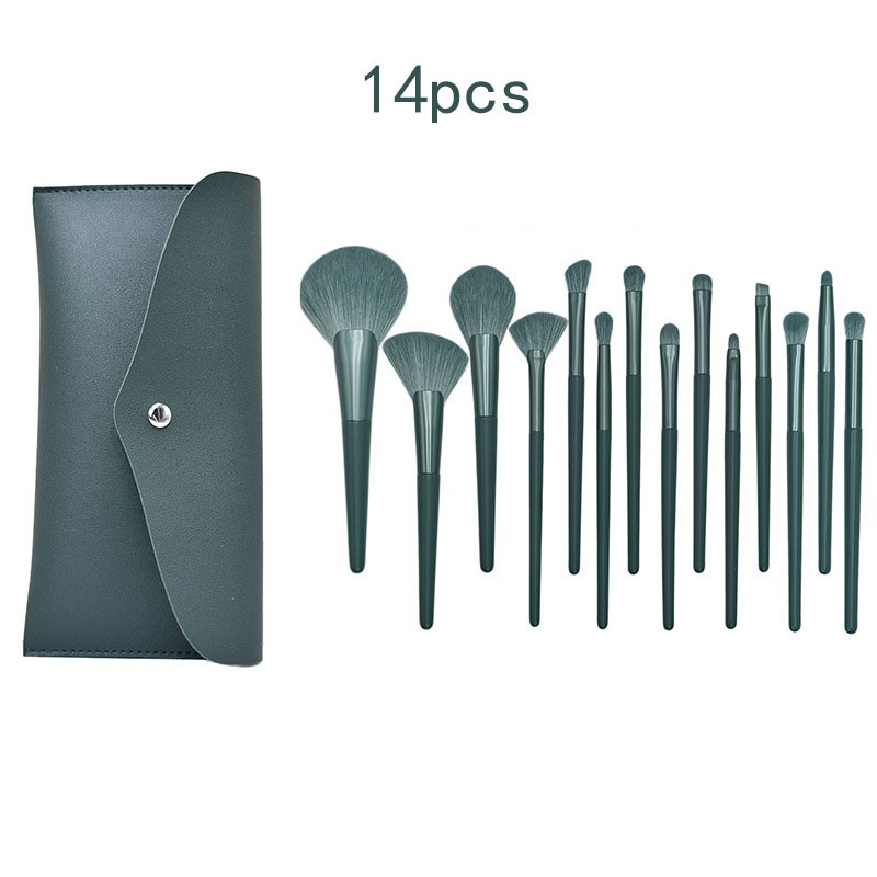 Wholesale 14PCS Professional High Quality Green Makeup Brush Set Pure Binding PU Insert Bag Makeup Tools