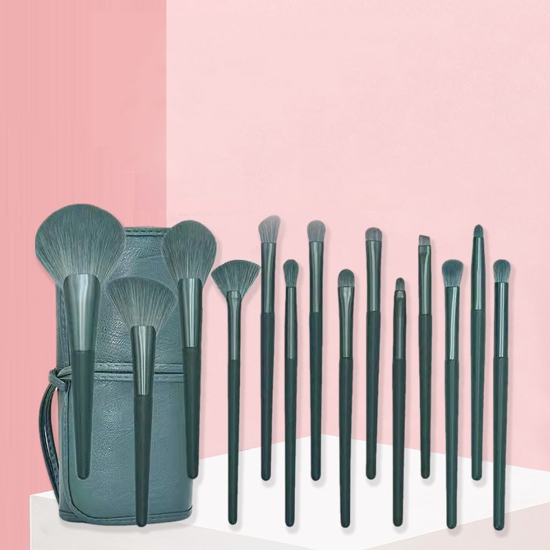 Wholesale 14PCS Professional High Quality Green Makeup Brush Set Pure Binding PU Insert Bag Makeup Tools