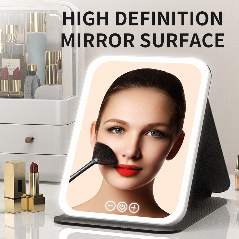 Portable Popular Desktop Fill-In Leather Shell Mirror with Double Sides Foldable Rechargeable LED Makeup Mirror