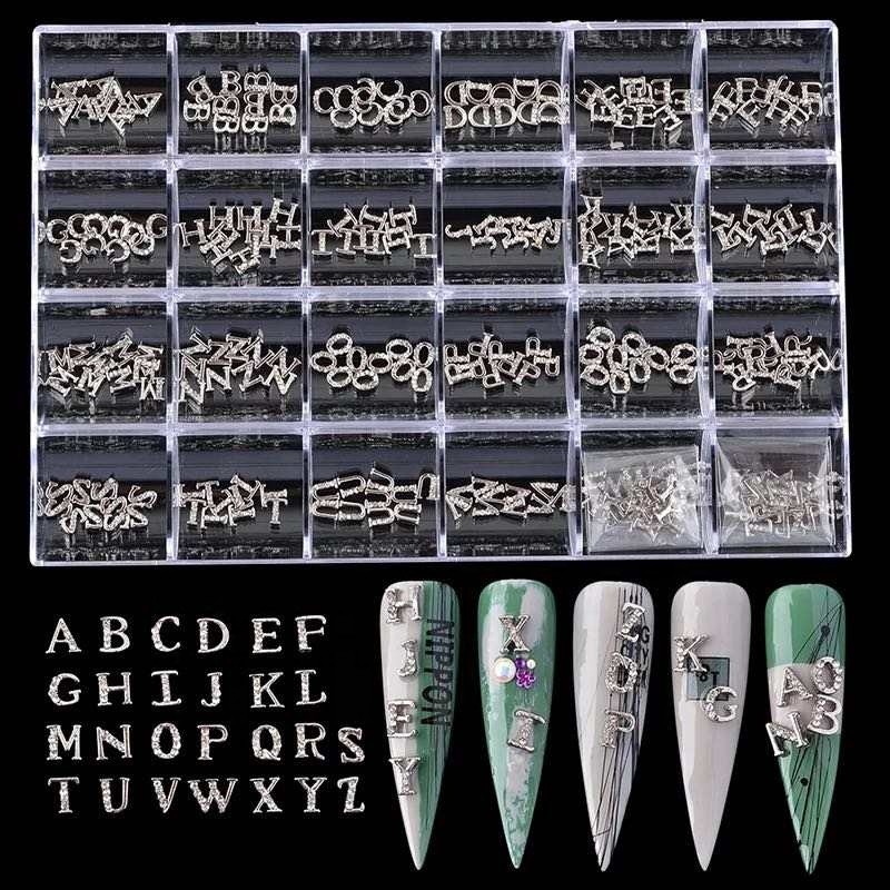 Hot Sale New Type Gold Nail Crystal Rhinestone English 3D Letters Nail Art Charms Zircon Stud Box for Nails
