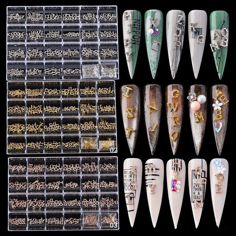 Hot Sale New Type Gold Nail Crystal Rhinestone English 3D Letters Nail Art Charms Zircon Stud Box for Nails