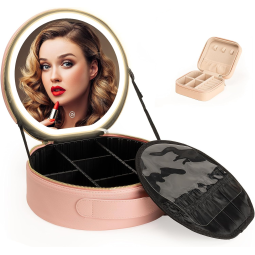 Round Large Capacity Smart Professional Make up Organizer Travel Cosmetic Makeup Bag case with Led Mirror and Jewel case