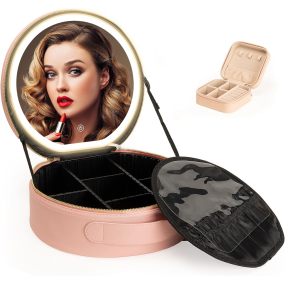 Round Large Capacity Smart Professional Make up Organizer Travel Cosmetic Makeup Bag case with Led Mirror and Jewel case