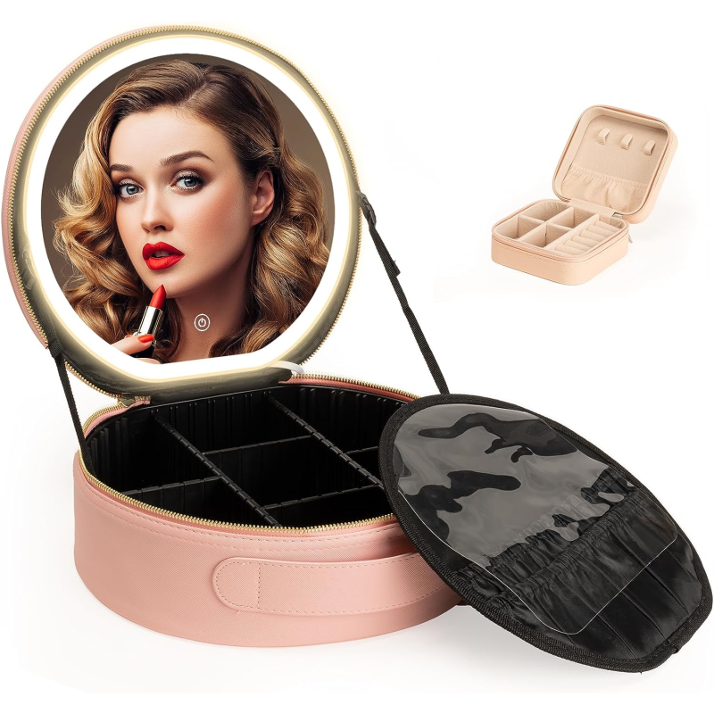 Round Large Capacity Smart Professional Make up Organizer Travel Cosmetic Makeup Bag case with Led Mirror and Jewel case