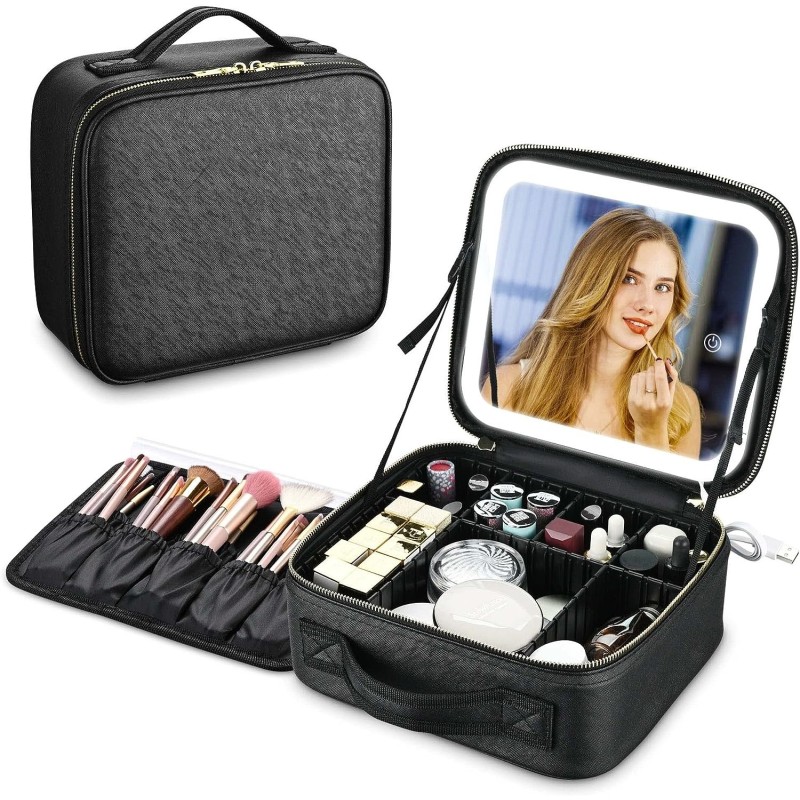 Portable Makeup Bag LED Lighted Mirror for Travelling  Multi-purpose Makeup Organizer Carrying Bag Novelty for Women Girls