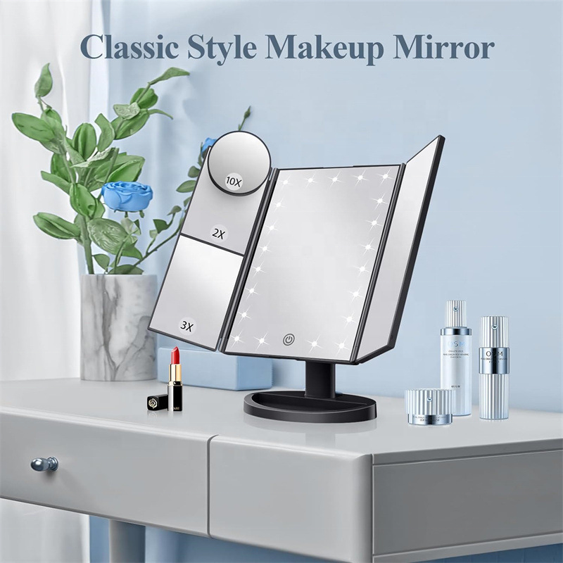 Factory 3 Way Trifold Makeup Vanity Mirror Large With Led Lights and up to 1x 2x 3x Magnification
