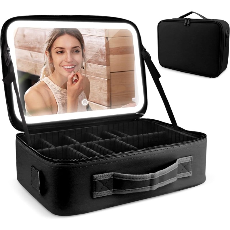 Personalized PU Leather Makeup Bag with LED Lighted Mirror Travel Vanity Case with Dividers for Cosmetics