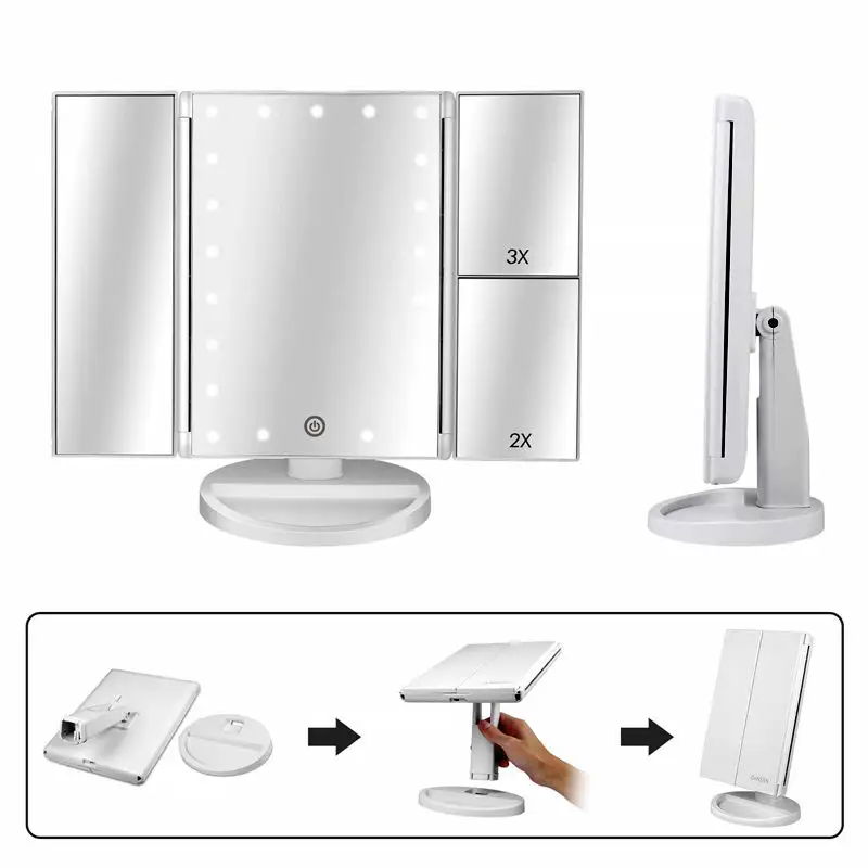 22 Portable Touch Control 2x 3x 10x Magnification Lighted Vanity Mirror Trifold Led Makeup Mirror With Led Light