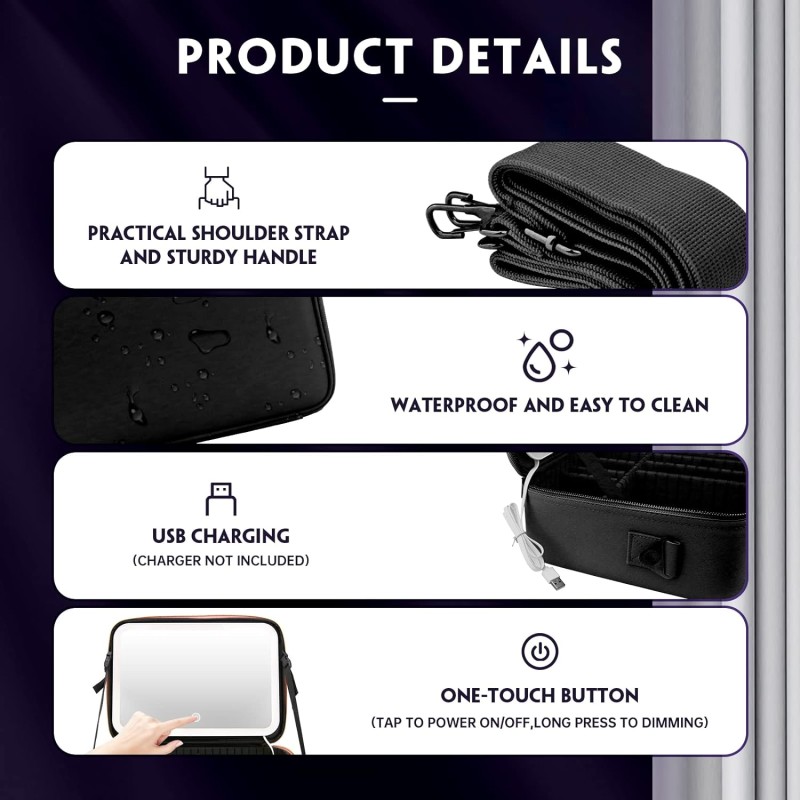 Personalized PU Leather Makeup Bag with LED Lighted Mirror Travel Vanity Case with Dividers for Cosmetics