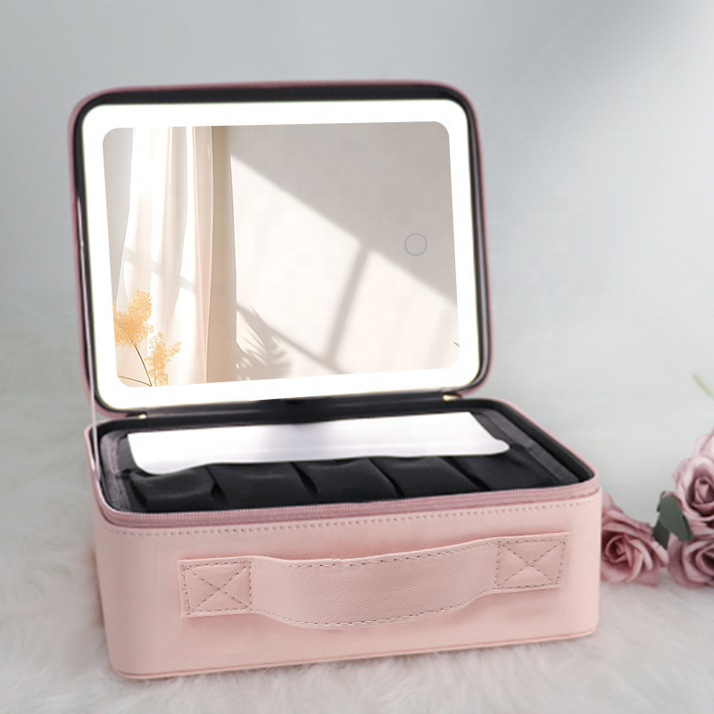 New Large Capacity Desktop Cosmetic Storage Box Waterproof Leather Travel Portable Makeup Bag Case With Led Light Mirror