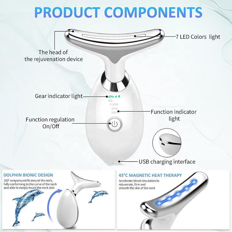 Neck Facial Massager Face Sculpting Tool with Rechargeable Base Microcurrent Beauty Device 7 Color LED Vibration for Skin Care