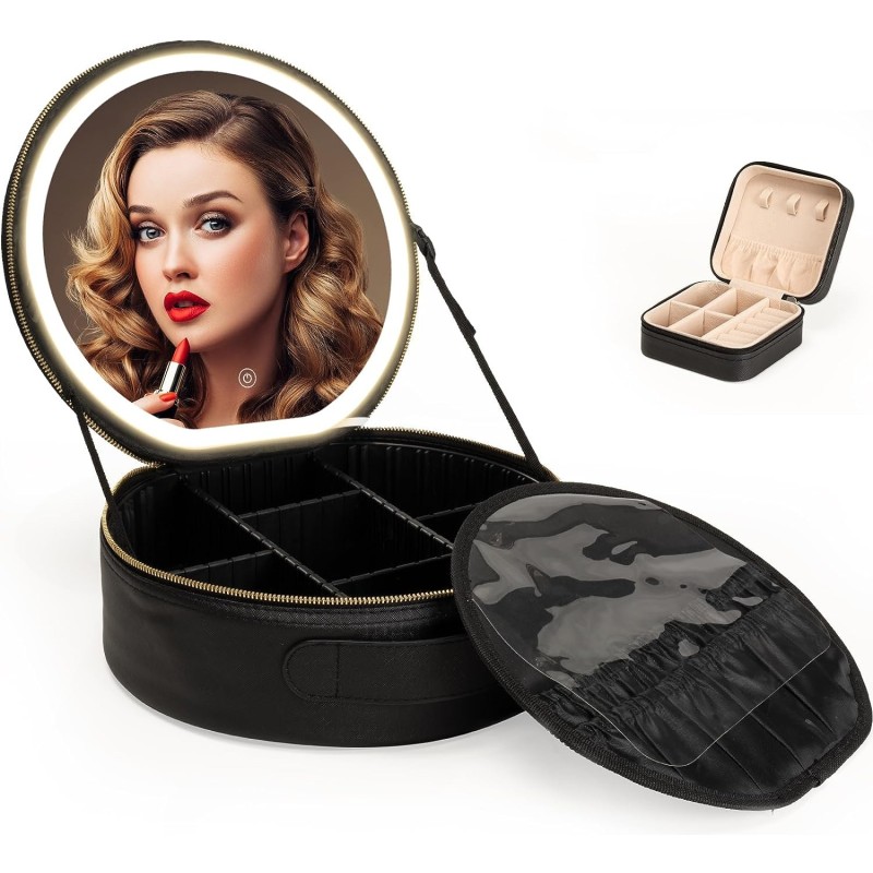 Round Large Capacity Smart Professional Make up Organizer Travel Cosmetic Makeup Bag case with Led Mirror and Jewel case