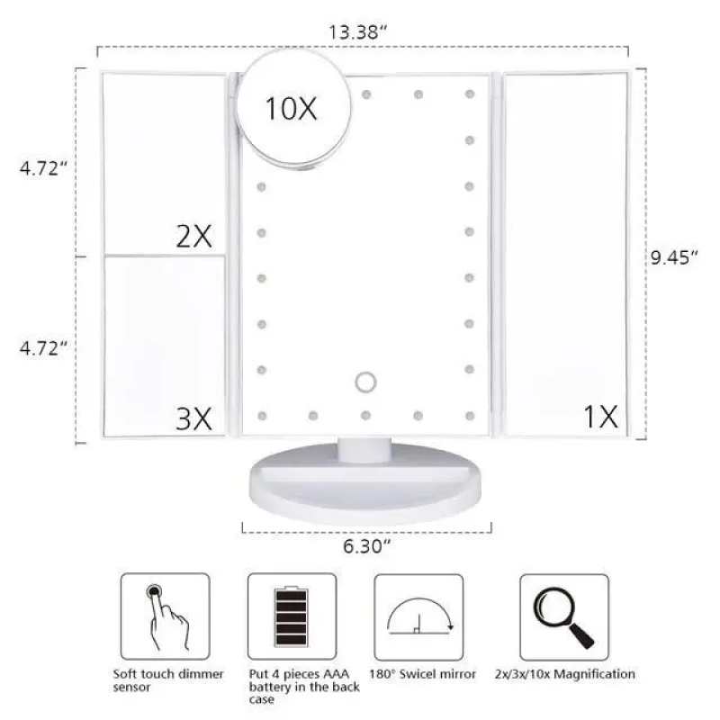 22 Portable Touch Control 2x 3x 10x Magnification Lighted Vanity Mirror Trifold Led Makeup Mirror With Led Light