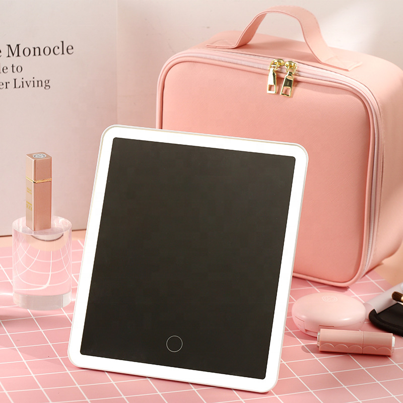 New Large Capacity Desktop Cosmetic Storage Box Waterproof Leather Travel Portable Makeup Bag Case With Led Light Mirror