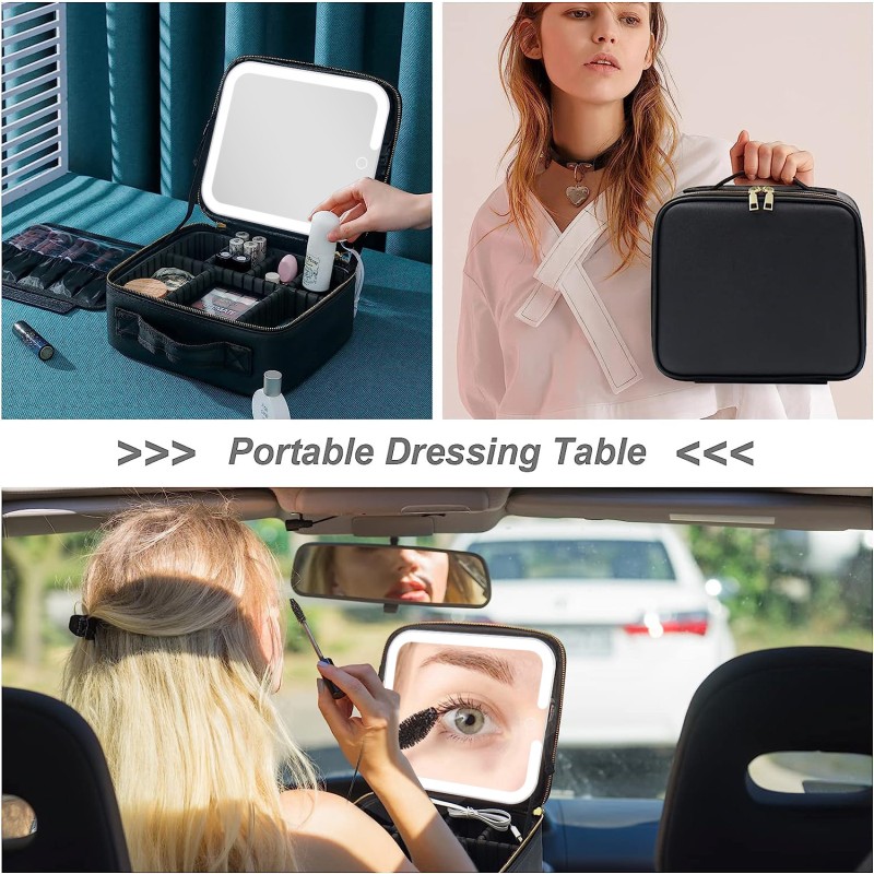 Girls Large Capacity Portable Makeup Bag Travel Makeup Storage Bag Smart Makeup case with Led Light Mirror